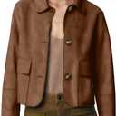 Womens Faux Suede Bomber Jacket Fall Long Sleeve Lapel Button Down Jackets Trendy Going Out Casual Outerwear
