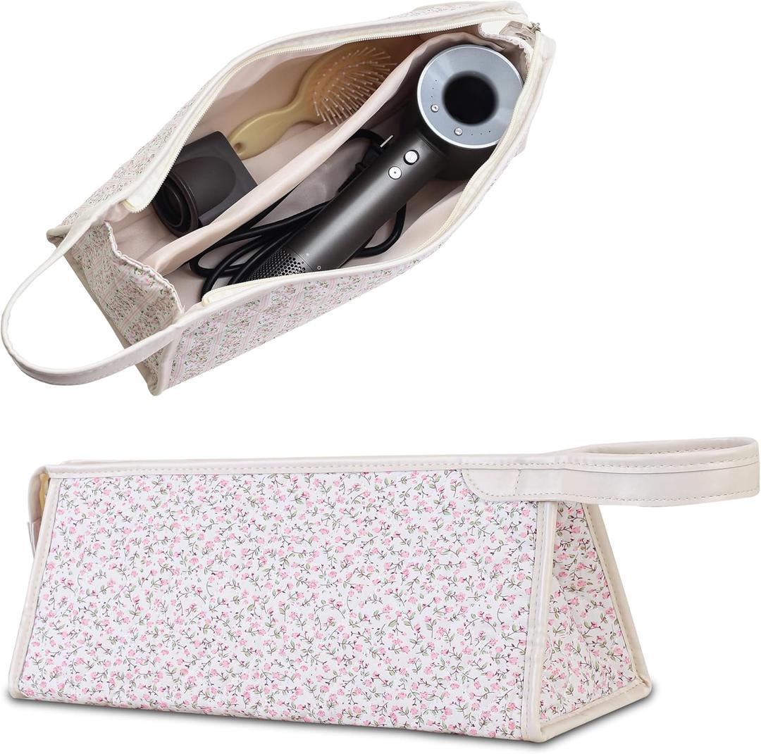 GISMTR Large Quilted Hair Tools Travel Bag, Cotton Floral Carrying Storage Bag for Hair Dryer and Attachments, Cute Portable Organizer with Handle (Pink Floral 1)