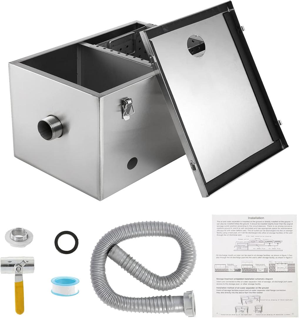 IRONWALLS 8LBS Top Inlet Commercial Grease Interceptor, Stainless Steel Grease Trap 4 Gallon, Under Sink Grease Trap Waste Water Oil-water Separator for Restaurant, Cafe, Canteen, Factory, Kitchen