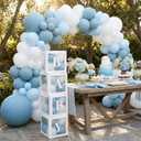 148Pcs Dusty Blue Baby Shower Decorations for Boy - Boho Balloon Arch Garland Kit with 4 Baby Boxes - Matte Blue Sand White Balloons for Gender Reveal Backdrop, 1st Birthday Party