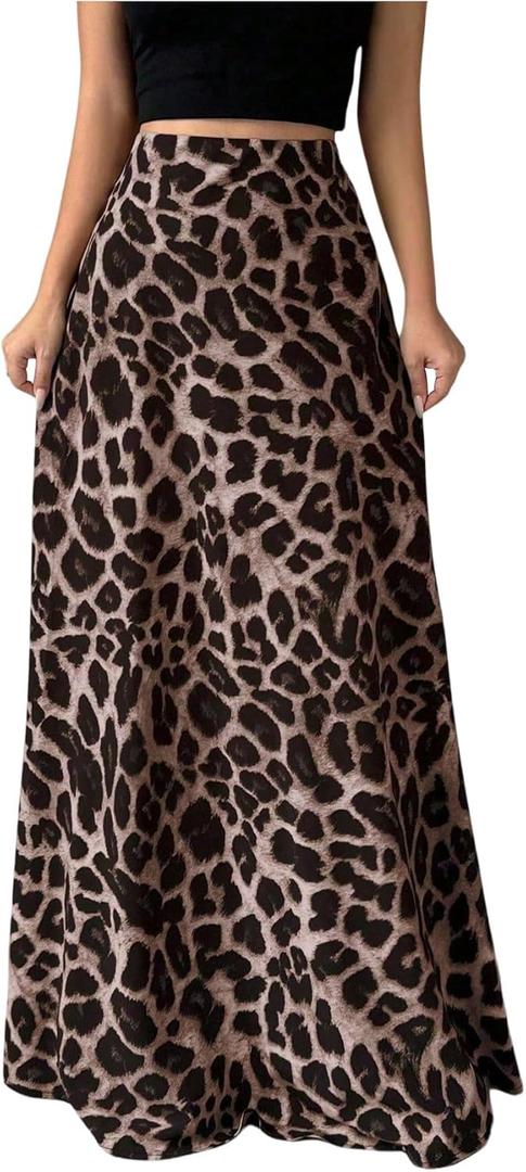 Women's Cheetah Graphic Long Skirt Elastic Waisted Party Maxi Skirts (L)