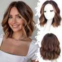 Brown Highlight Short Wavy Wig for Women Lace Hairline Bob Style Synthetic Heat Resistant - Natural Appearance for Everyday Hairstyle 12 Inch