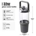 HYDRAGLAZIC Glass Tumbler with Carry Handle, Clear Glass Water Bottle with Leakproof Lid, Spout Lid&Straw, BPA-Free, 32 oz, Grey