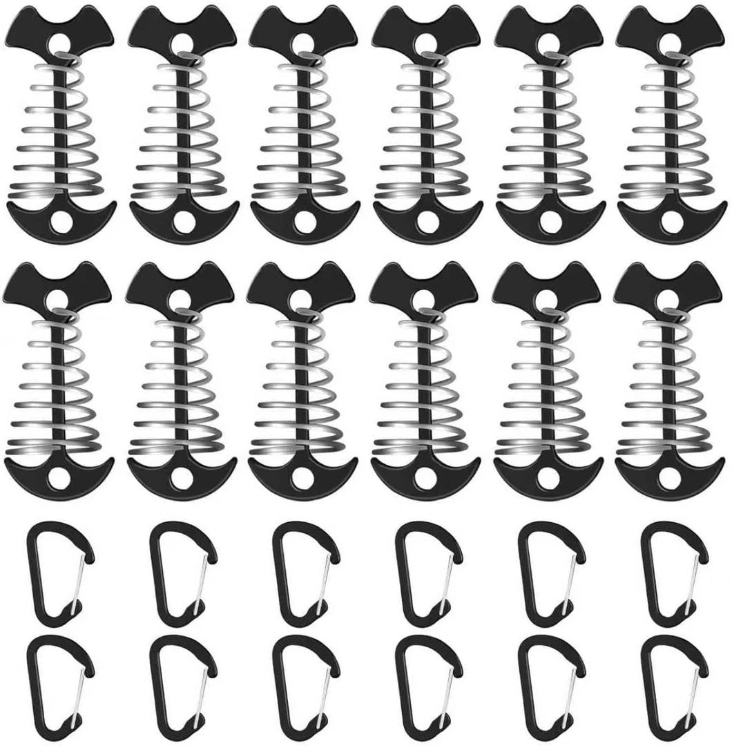12 Pack Deck Anchors Pegs with Carabiners - Aluminum Rope Tensioner; Tent Tie Down Stakes, Windproof Canopy Tent Anchors, Outdoor Camping Accessories (Black)