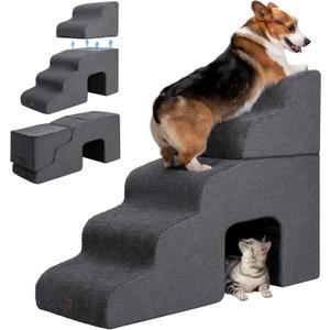 Dog Stairs for High Beds with Tunnel, 5-Step Dog Steps for Small Dogs and Cats, Foldable Pet Stairs for High Bed Climbing, Non-Slip Balanced Pet Step Indoor, Dark Grey