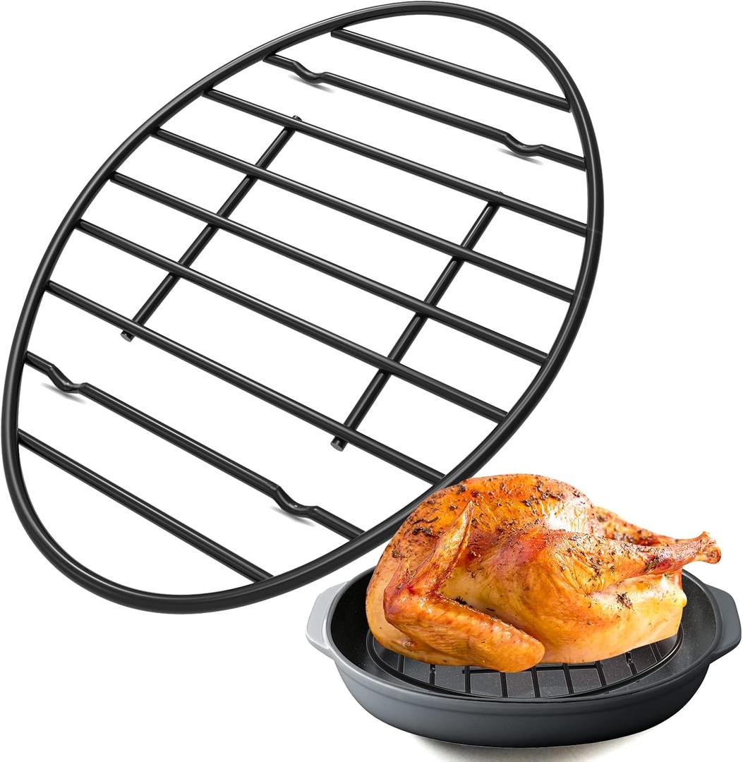 Palksky Oval Roasting Rack for 14”-19” Oval Roaster Pan/ Roaster Oven, 12x8.5 Inch Non-Stick Roasting Rack Black with Integrated Feet, Oven and Dishwasher Safe, Kitchen Cooling Rack for Cooking