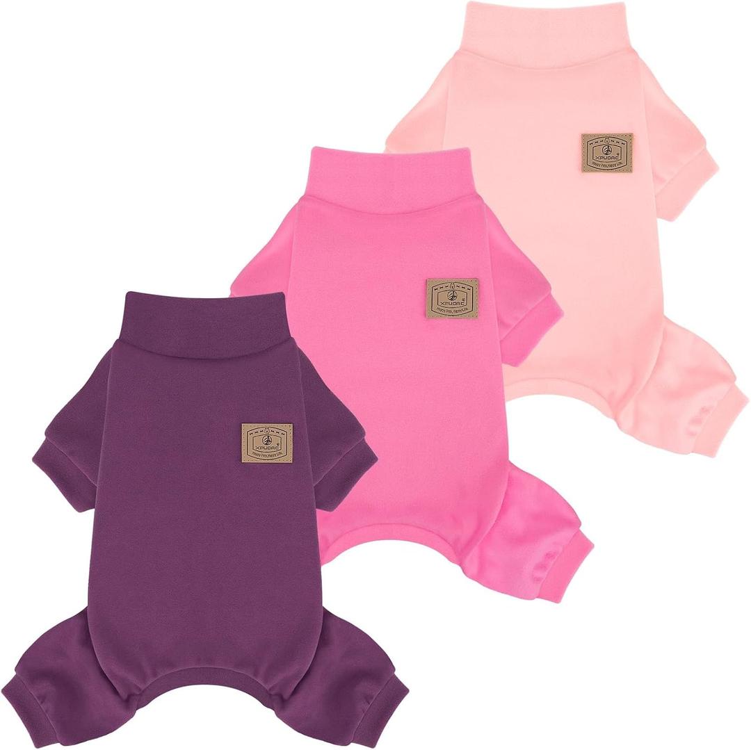 XPUDAC 3 Pack Fleece Dog Pajamas Warm Winter Dog Clothes for Dogs Girl Cozy Puppy Pjs Pet Outfit Doggie Onesie Costume, Purple, Pink, Hotpink, S