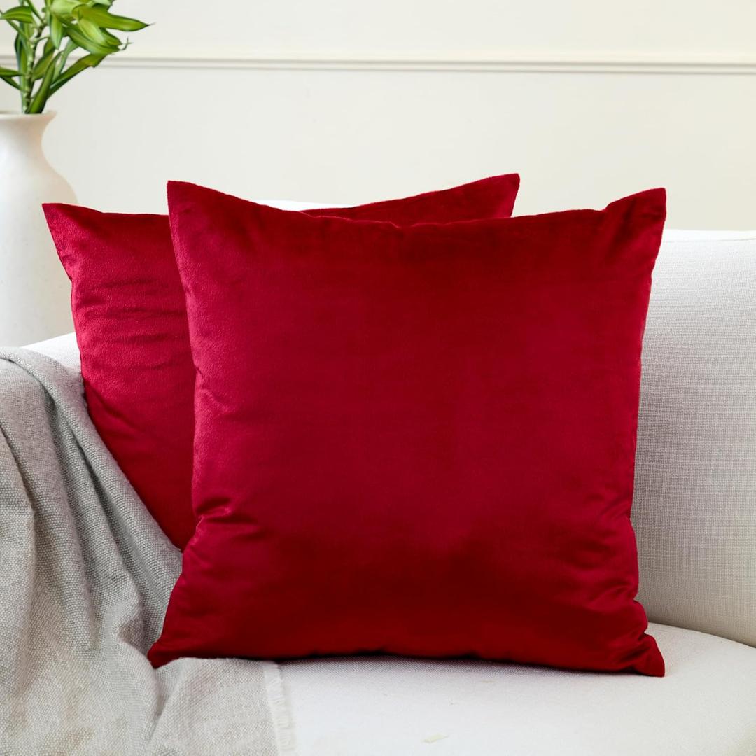 Encasa XO Velvet Throw Pillow Covers 24x24 in (60x60 cm) - Red - Set of 2 No Inserts, Only Pack of 2 Cases | Soft Square Decorative Euro Shams Cushion Cover for Couch, Sofa