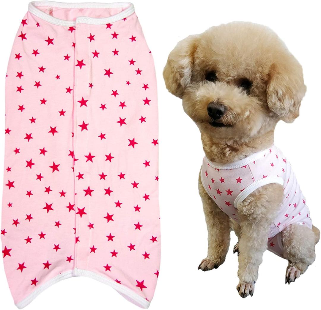 Dog’s Recovery Suit Post Surgery Shirt for Puppy, Wound Protective Clothes for Little Animals(Pink Stars-M)