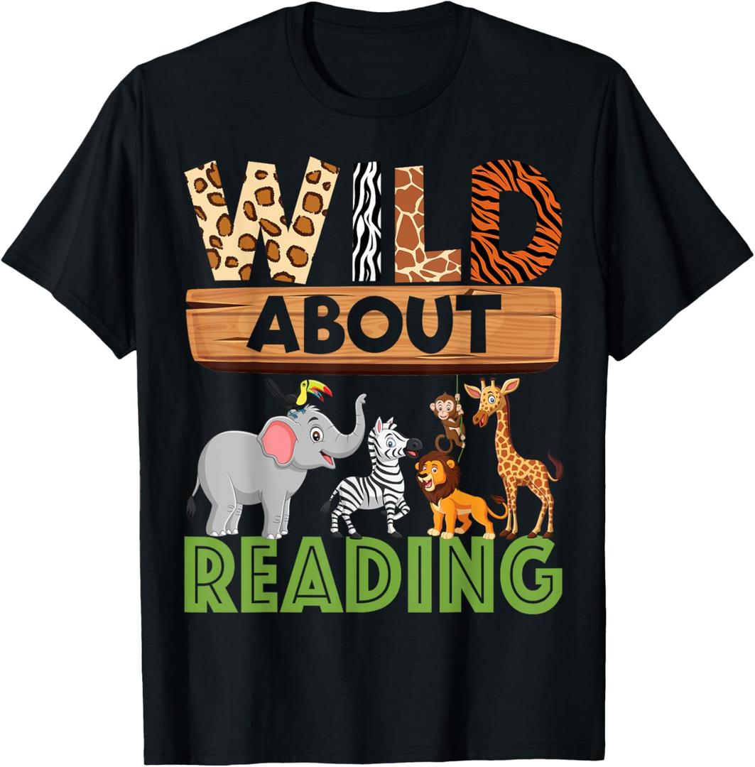 Wild About Reading Teacher Reading Books Back To School T-Shirt (Small, Black)