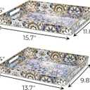 Hiceeden Set of 2 Decorative Serving Trays with Handles, Boho Tea Trays Ottoman Trays for Serving, Modern Plastic Coffee Table Tray for Living Room, Kitchen, Bathroom, Rectangle, Blue