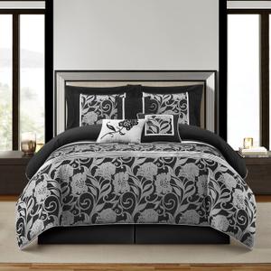 Stratford Park 7 Piece Black Sliver Comforter Set, Queen Size Jacquard Floral Bedding Set, All Season, Ultra-Soft, Matching Pillows & Shams, Bed Skirt