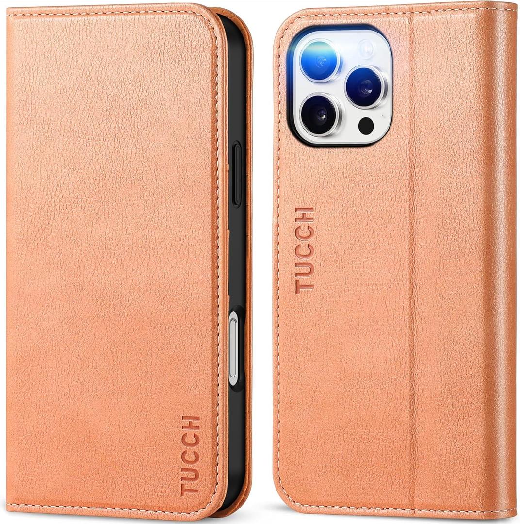 TUCCH Case for iPhone 16 Pro Max, PU Leather Wallet with [Kickstand] RFID Blocking 3 Card Slots Flip Book Cover [Protective TPU Interior Case] Compatible with iPhone 16 Pro Max 5G 2024, Peachy Pink