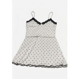 Women's White Nightdress with Black Heart Print, Lace Trim Cami Pajamas with Ruffled Hem M
