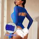 Avidlove Women Sexy Long Sleeve Mesh Top Teddy Bodysuit Clubwear Sheer Leotards with Garter Belt (Blue, L)