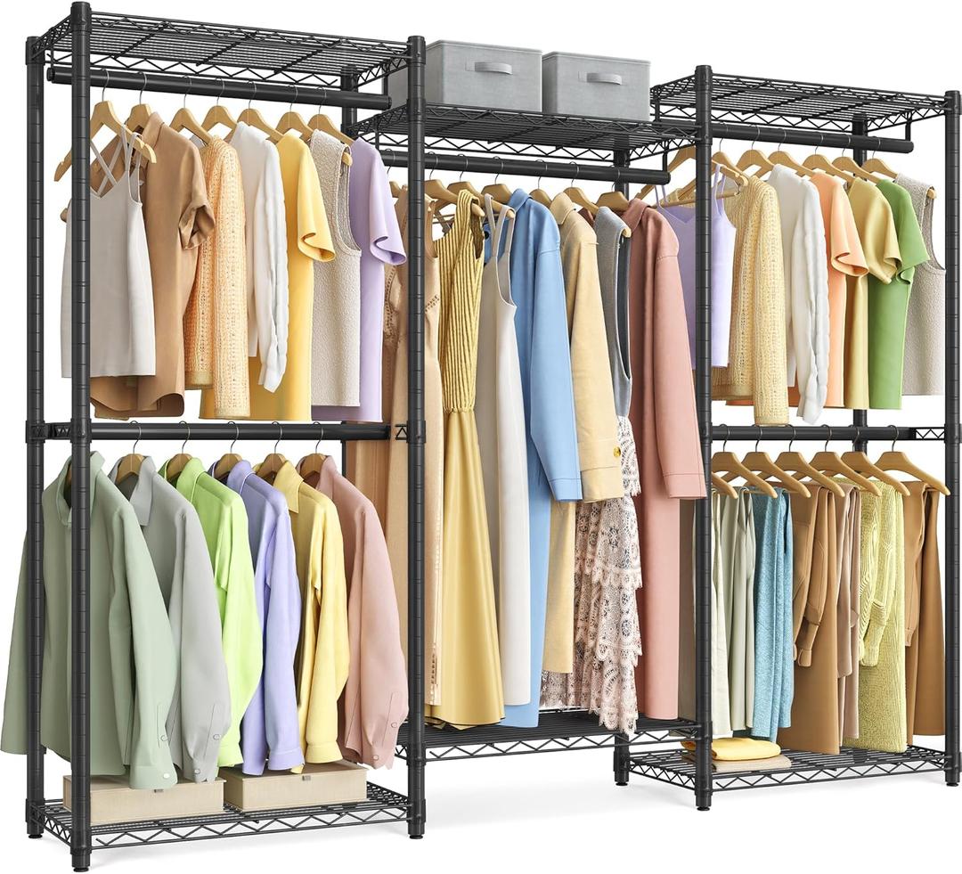 SONGMICS Heavy-Duty Clothes Rack, Garment Rack, Portable Closet, 68.7-Inch Wide Clothing Rack with Adjustable Mesh Shelves and Hanging Rails, Ink Black ULGR433B01 (Medium), Ink Black 