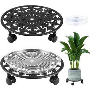 2 Pack Plant Caddy with Wheels, PlanterHoma 14 Inch Metal Plant Stand with Wheels Heavy Duty Wrought Iron Planter Dolly Rolling Stand Plant Roller with Casters for Indoor and Outdoor with 2 Pack Saucers
