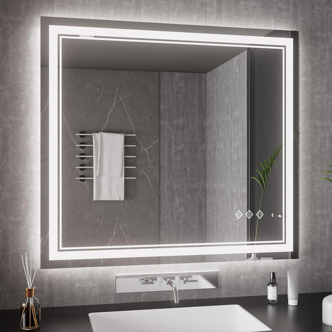 Bathroom Mirrors for Wall, 40x36 Inch Gradient Front and Backlight Lighted Mirror, 3 Colors Dimmable CRI>90 Double Lights, IP54 Enhanced Anti-Fog, Hanging Plates Wall Mount Smart Mirror