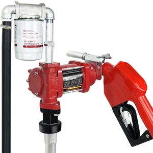 12V DC 12GPM Fuel Transfer Pump with Automatic Nozzle & Hose Kit for Gasoline Diesel Red with Particulate Filter