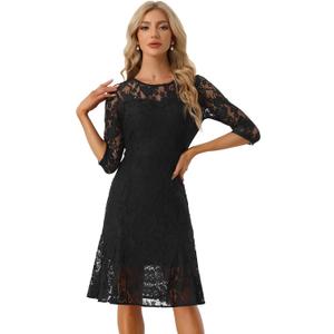 Allegra K Elegant Lace Dress for Women's 3/4 Sleeves Ruffles Bodycon Fishtail Dress, XL