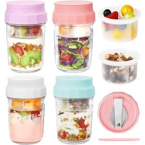 16oz Overnight Oats Jars, Yogurt Containers with Lids and Folding Spoons, 4 Pack Leak-Proof Wide Mouth Mason Jars Divided Compartments for Fruit & Nuts, Glass Jars with Measure Marks for Cereal Salad