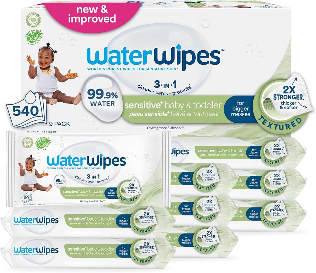 WaterWipes Sensitive+ Baby & Toddler Wipes, 3-In-1 Cleans, Cares, Protects, 99.9% Water, Textured Clean, Unscented & Hypoallergenic, 540 Count (Pack of 9)