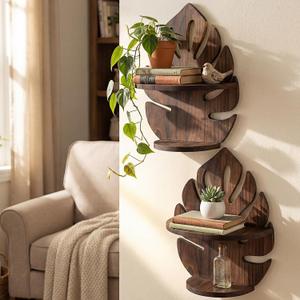 2 Pack Double Layer Palm Leaf Wall Shelves 15.8 x 12.4 Inch Wooden Hanging Shelves with Vintage Hollow Design, Tropical Wall Art for Living Room, Kitchen, Bedroom, Office Decor