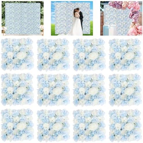 FUHSY 3D Flower Wall Backdrop 8 Packs 15x15 Inch Blue Artificial Flower Wall Decor Flower Panels Floral Backdrop for Anniversary Bridal Baby Shower Party Rose Wedding Photo Background