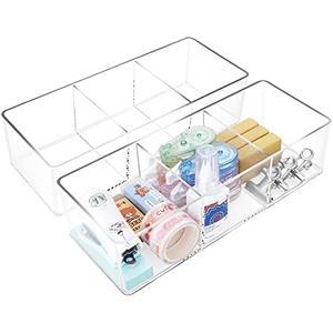 POPPEYGO Stackable Clear Drawer Organizers Small Makeup Vanity Storage Bins Trays and Office Desk Drawer Dividers Triple Compartments 2 Pack