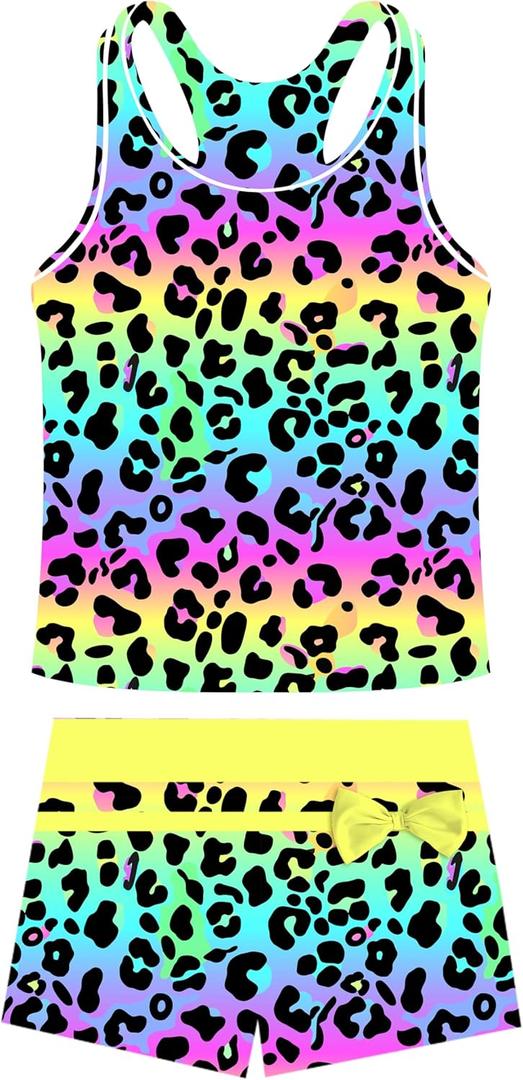 Belovecol Girls Swimsuits Two Piece Tankini Bathing Suits Boy Short Summer Beach Rash Guard Swimwear (12-13 Years, A-leopard Colorful)