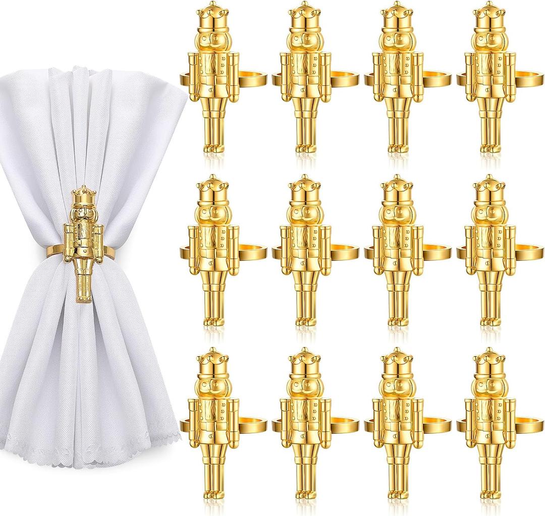 12 Pcs Christmas Nutcracker Napkin Rings, Gold Metal Napkin Holders Christmas Soldier Buckle for Xmas Holiday Table Setting Wedding Vintage Party Decoration(Classic)