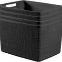 Curver Set of 4 Jute Large Decorative Plastic Organization and Storage Baskets, Perfect Bins for Home Office, Closet Shelves, Kitchen Pantry and All Bedroom Essentials, Black