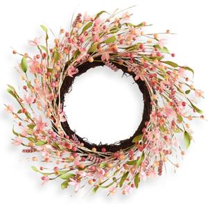 Spring Summer Wreath for Front Door 22 Inch Pink | Artificial Forsythia Blossom Floral with Berrie Reusable Wreath with Grapevine for Farmhouse Decor Easter Wedding Mothers Day