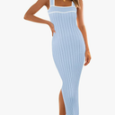 MEROKEETY Women's 2025 Summer Spring Bodycon Midi Dress Vacation Sleeveless Ribbed Knit Striped Party Sweater Dresses XS