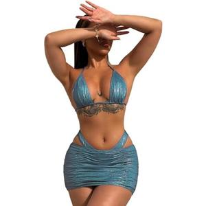 YAUASOPA Rave Outfits for Women 3 Piece Triangle Shiny Swimsuits Metallic Bikini Sets Thong Bathing Suit Beach Skirt Set Size L Blue