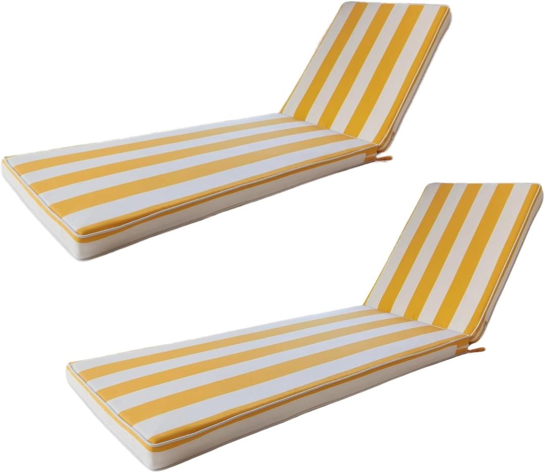 Lounge Chair Cushions Set of 2 for Outdoor Furniture 74x21x2.7 inch Premium Outdoor Chaise Lounge Cushions (Yellow+White Stripes), Standard