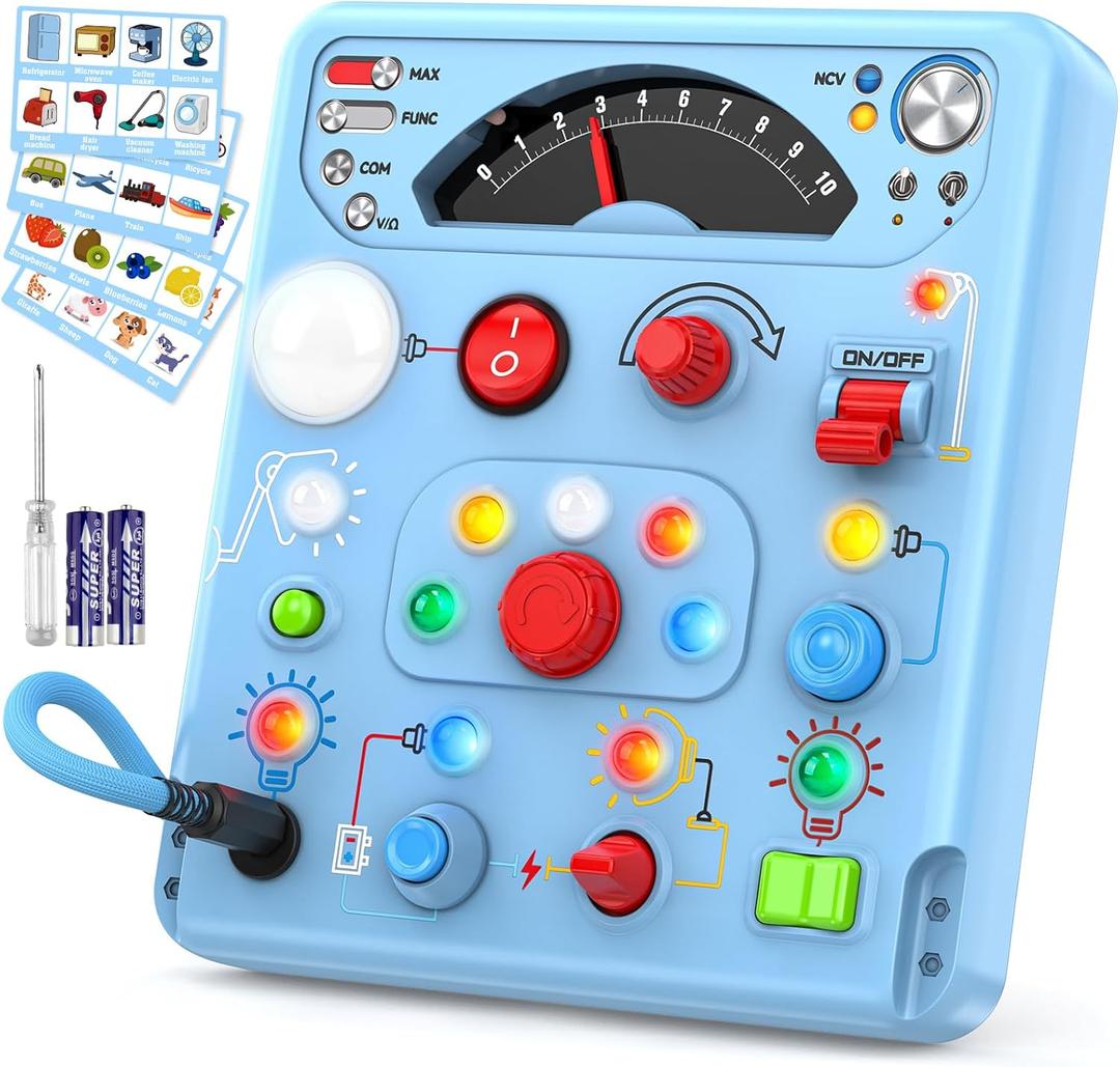 Busy Board Montessori Toys for Toddlers 1 2 3 4 Year Old with 13 LED Lights, Sensory Board Toys Educational Learning for Toddlers, Activity Toy Christmas Birthday Gifts for 1+ Year Old Boys and Girls