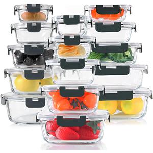 KOMUEE 30 Pieces Glass Food Storage Containers Set, Glass Meal Prep Containers Set with Snap Locking Lids, Airtight lunch Containers for Microwave, Oven, Freezer & Dishwasher, Gray