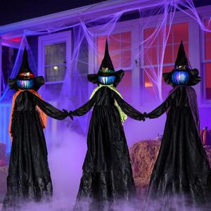 JOYIN 3 Pack 48" Halloween Witch Decorations Outdoor, Halloween 3 Witches Yard Stakes with Multicolored Light-up Heads for Yard Lawn Props, Indoor Party Decorations