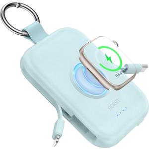 RORRY Portable Charger, 5000mAh Portable Charger Power Bank with Built-in Cables, Travel Keychain Battery Pack for Apple Watch Ultra/11/10/9/8/7/6/SE, iPhone Air/17/16/15/14/13/12, Blue