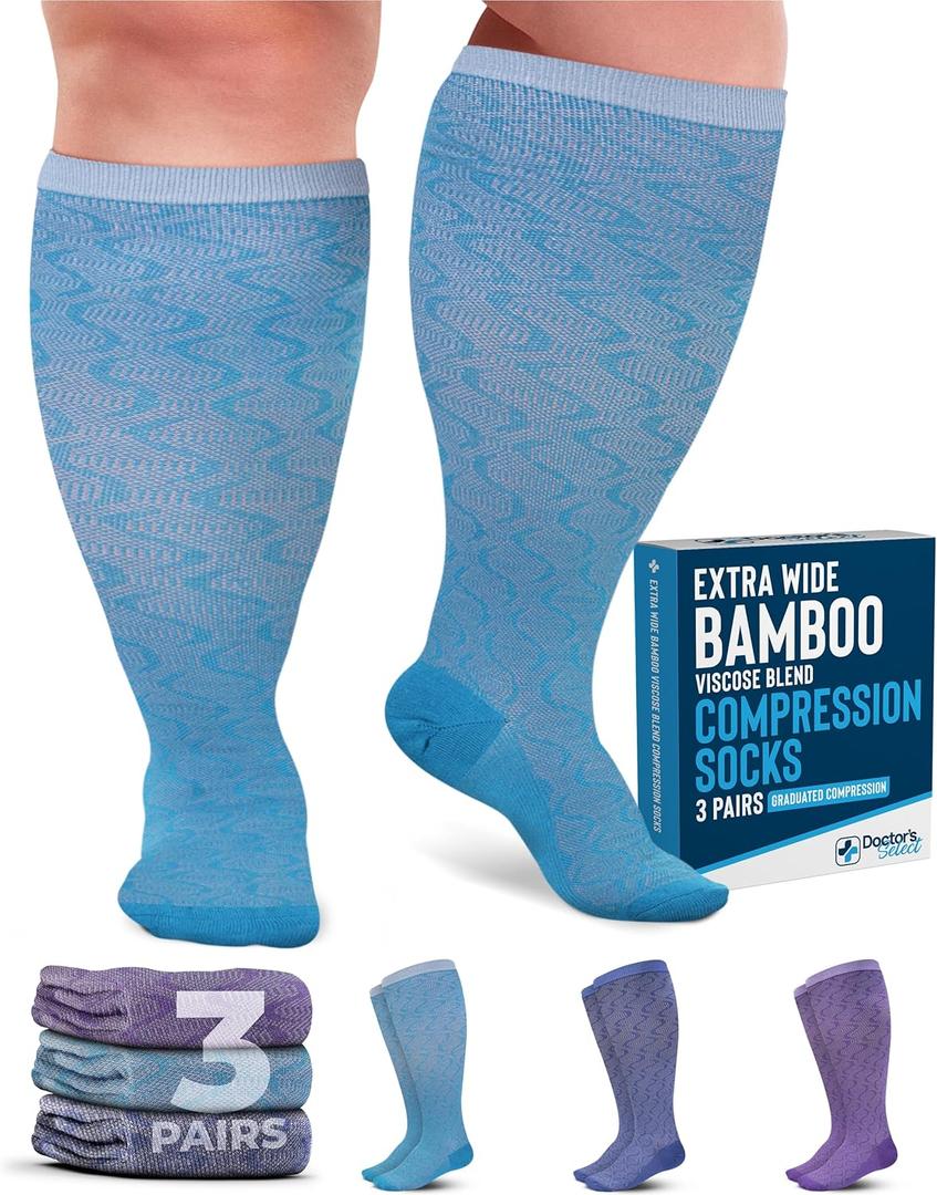 Doctor's Select 3 Pairs Plus Size Compression Socks Wide Calf | Bamboo Viscose Knee High Socks for Circulation Support | Compression Socks Plus Size | Purple, Indigo, Teal (S Pattern) (X-Large)