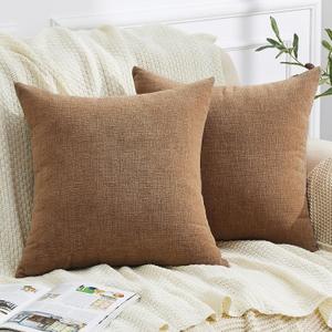 GAWAMAY Decorative Square Throw Pillow Covers 22x22 Inch Set of 2, Super Soft Chenille Pillows Farmhouse Fall Pillowcase for Living Room Bedroom Sofa Couch Cushion Cover Brown 55x55cm (No Inserts)