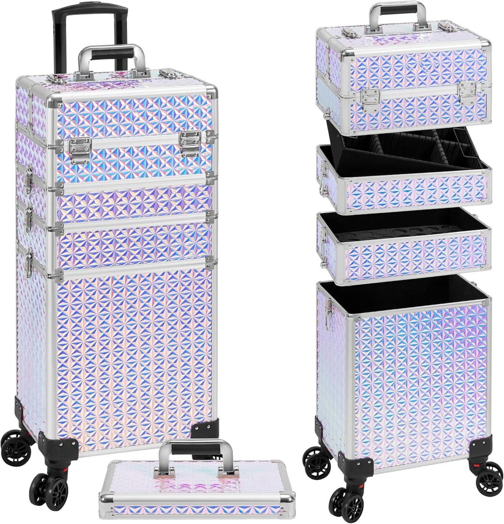 AROUS 5 in 1 Rolling Makeup Train Case Cosmetology Case on Wheels Large Cosmetic Organizer Travel Cart for Hairstylist Artist Nail Beauty Salon Barber,Silver