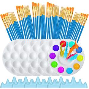 72 Pcs Paint Brush and Palette Set, 60 Pieces Paint Brushes and 6 Palette, Paint Brushes Set with 6 Pen Holders Convenient Storage, for Watercolor Painting, Handicraft Painting