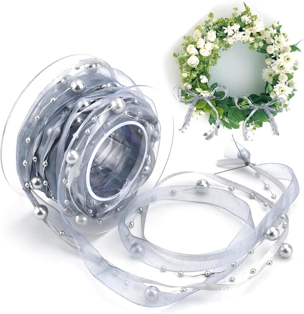 4.2M/5 Yards Pearl Ribbon Set with Organza 3-in-1, Lace & Satin Trims for DIY Wedding Flowers, Christmas Tree Decorations, Sewing Crafts Packaging, Clothing (Grey)