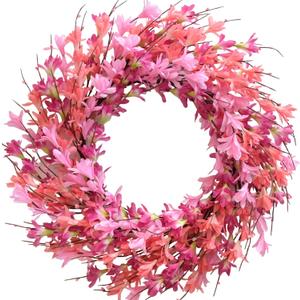 Bibelot 20inch Artificial Forsythia Flower Wreath Spring Summer Fall Wreath Silk Leaves Wreath for Front Door Wreath Porch Farmhouse Patio Garden Home Decor (Pink)