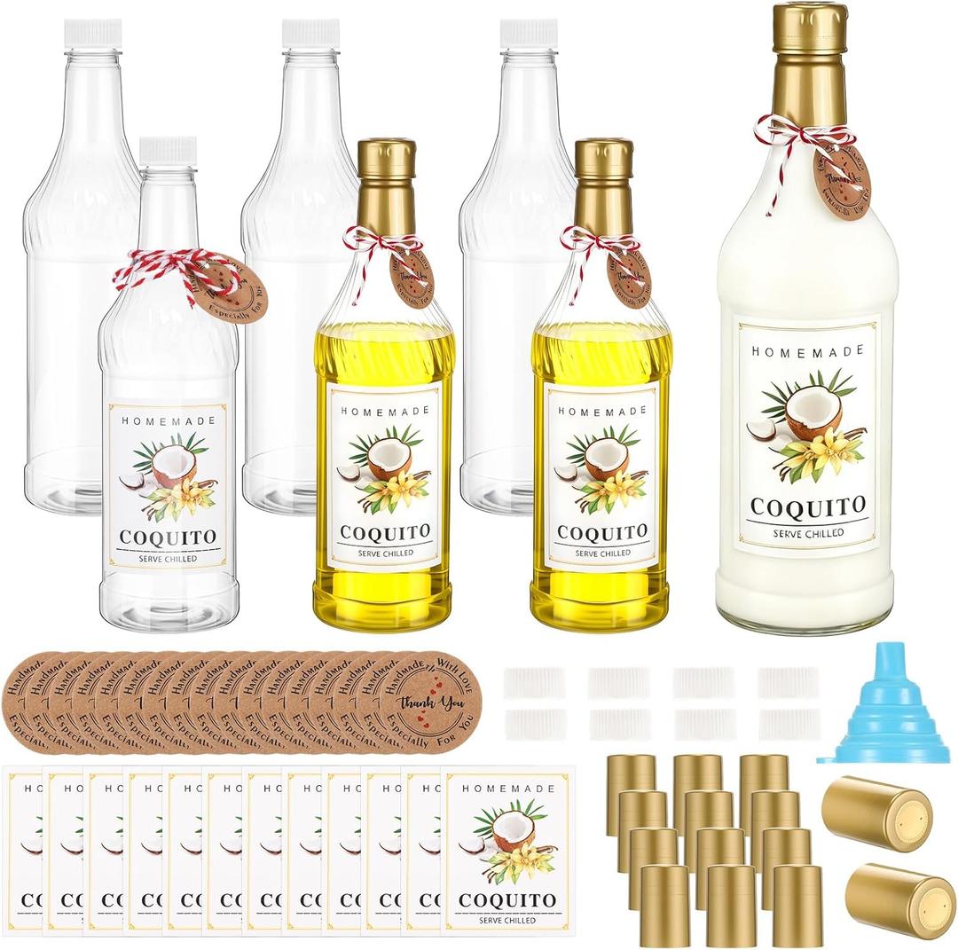 Baderke 6 Set Plastic Coquito Bottles 32 oz Plastic Clear Wine Bottles with Caps and Tags for Home Brewing Wedding Party Favors (Gold)