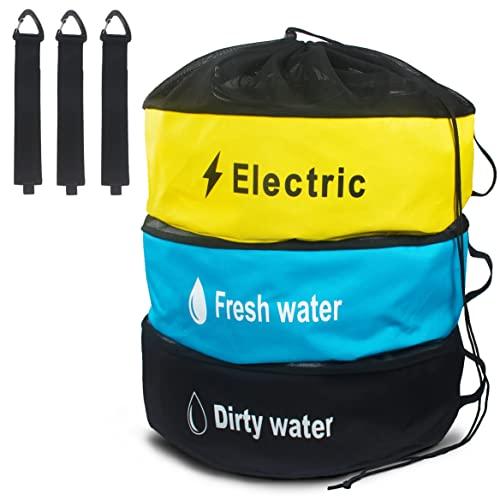 RV Hose Storage Bag, 3 Pack Utility Bag for Sewer Hose, Camper and RV Accessories with 3 Storage Straps, 3 Colors for Fresh & Black Water Hoses, Electrical Cords and Camper Accessories