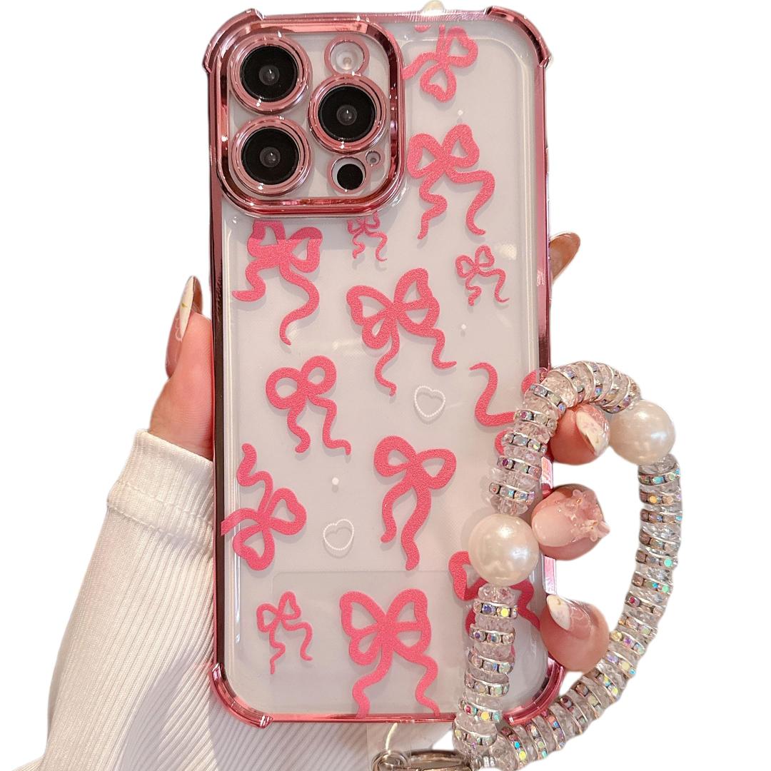 Compatible with iPhone 14 Plus Electroplated Protective Case Military-Grade 4-Corner Bumper Design, Aesthetic Pink Bow Heart Design, Eco TPU + Stylish Wrist Chain Suitable for Women & Girls