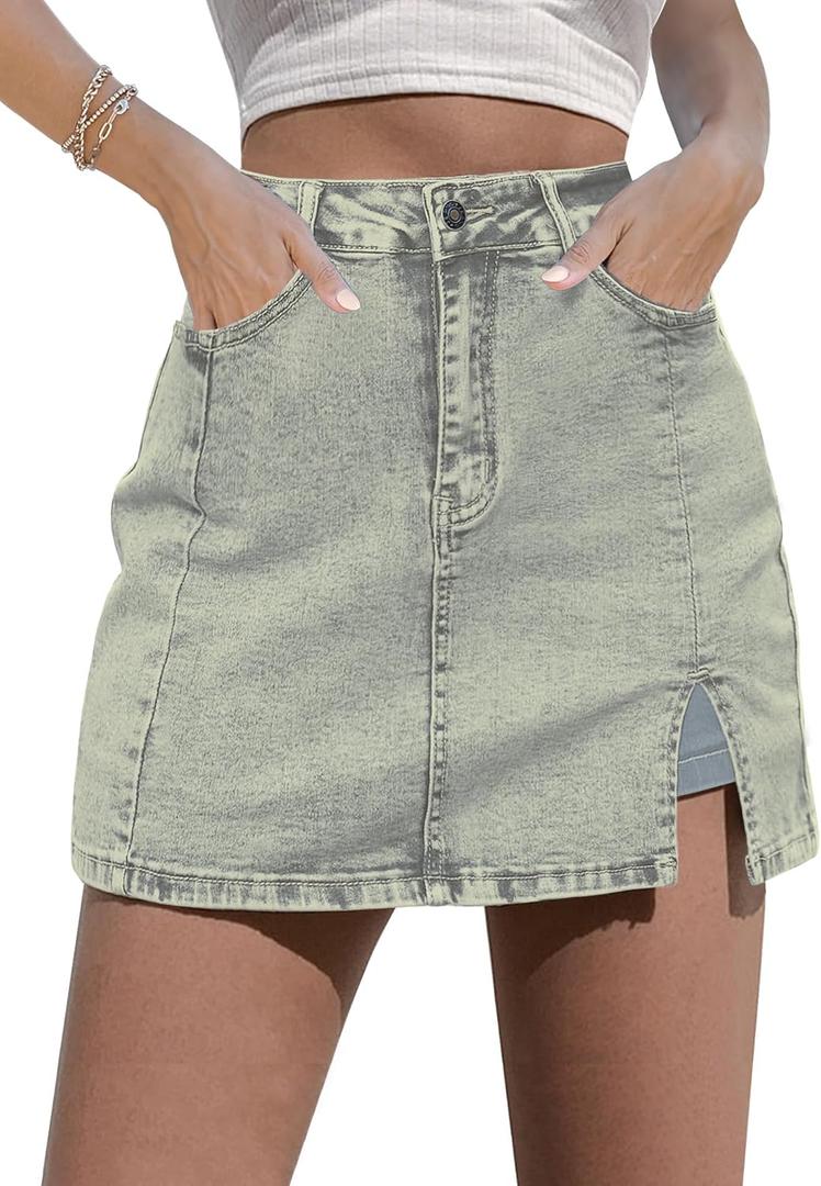 luvamia Skorts Skirts for Women Denim Mini Skirt Side Slit with High Waisted Jean Shorts Stretchy (XX-Large, Vintage Light Blue)